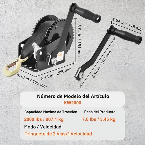 Vista 7 de VEVOR Cabrestante para Barco, Capacidad de 2000 lbs, Cabrestante Manual de Remolque para Barco de Servicio Pesado con Manivela de Cuerda con Correa