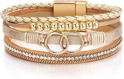 Vista 7 de Fesciory - Pulsera de leopardo para mujer, estilo bohemio de cuero multicapa con perlas de cristal