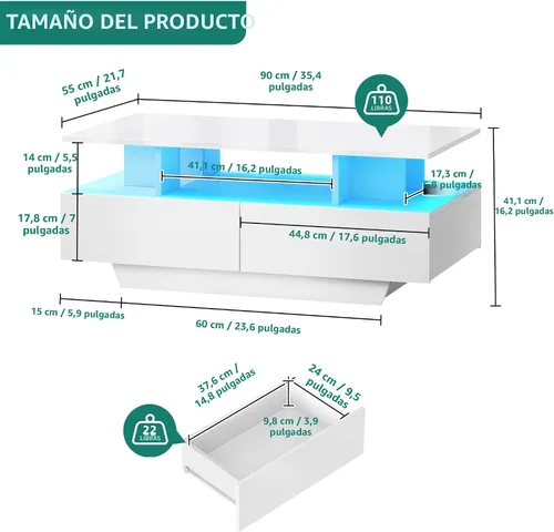 Vista 4 de YITAHOME Mesas de Centro LED para Sala de Estar, Mesa de Centro de Alto Brillo con Almacenamiento de 4 Cajones Deslizantes, Mesa de Centro LED
