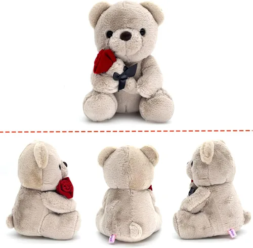 Vista 3 de HWD Oso de peluche de 9.8 pulgadas con rosa, muñeca de felpa suave, juguetes de peluche, regalos para ella/novia, amante, mamá, niños pequeños (gris)
