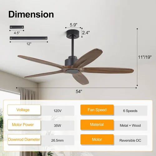 Vista 3 de WINGBO Ventilador de techo de 54 pulgadas sin luz, 5 aspas de madera maciza tallada, motor CC reversible de 6 velocidades, ventilador de techo