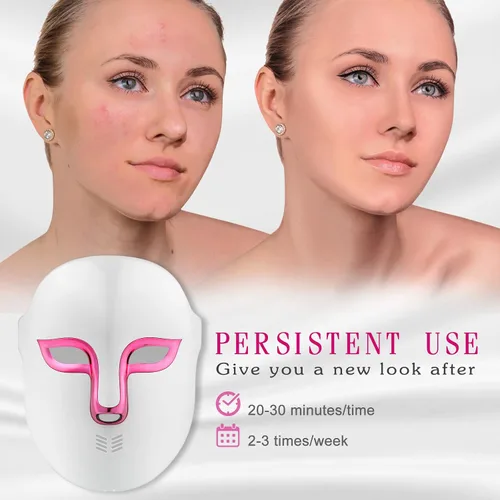 Vista 4 de Máscara facial LED para terapia de luz, máscara facial LED para el cuidado de la piel, luz roja y azul para reducir el acné de arrugas faciales