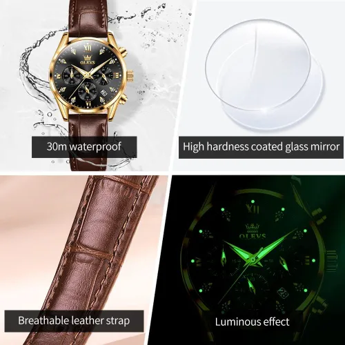 Vista 6 de OLEVS Reloj de pulsera para mujer, correa de cuero, reloj de cuarzo, cronógrafo, fecha, impermeable, luminoso, regalo para mujer