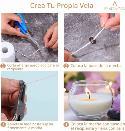 Vista 4 de BEADNOVA Carrete trenzado de mecha de vela con juego de base, rollo de cuerda de vela de algodón de 200 pies y 300 clips de mecha, pestañas