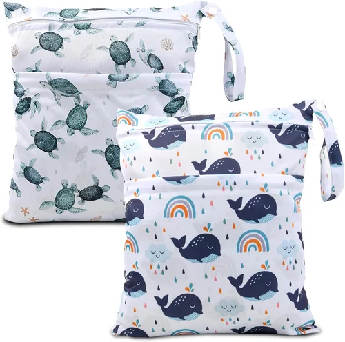 Vista 20 de 2 bolsas de tela para pañales húmedos y secos, impermeables, reutilizables, con dos bolsillos con cremallera, para viajes, playa, piscina Negro