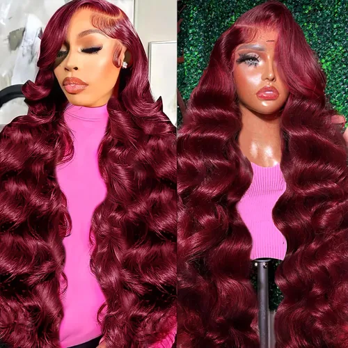 Vista 13 de Smabuity 99J Pelucas de encaje frontal burdeo de pelo humano, peluca burdeo roja de pelo humano, 13x6, peluca de encaje frontal HD de onda corporal
