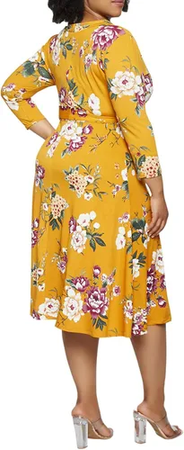 Vista 2 de Pink Queen - Vestido talla extragrande con estampado floral para mujer diseño envolvente falso con cinturón mangas 34