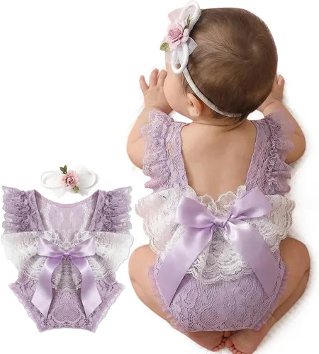 Vista 13 de ForBaysy Accesorios de Fotografía para Recién Nacidos Conjunto de Niña Mameluco de Encaje a Juego con Linda Diadema de Flores Vestido para Recién