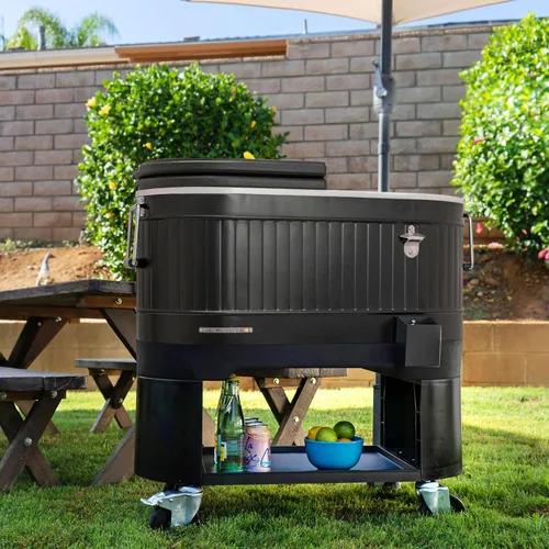 Vista 2 de Permasteel Enfriador de patio rodante: gran hielera para exteriores con ruedas, enfriador de bebidas para patio trasero, barbacoa, portón trasero