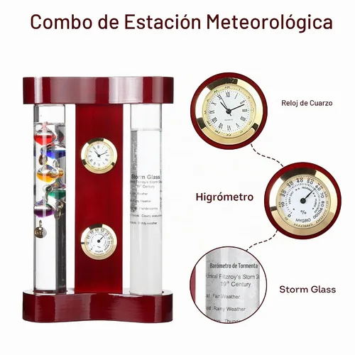 Vista 3 de Lily 's Home estación meteorológica con termómetro, vidrio de tormenta, reloj de cuarzo de precisión y el higrómetro. Caoba