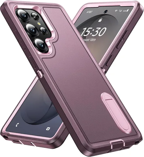 Vista 26 de BaHaHoues Funda protectora de grado militar para Samsung Galaxy S25 Plus con soporte integrado, a prueba de golpes y caídas (morado noche/rosa bebé)