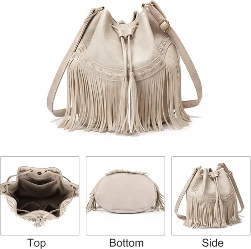 Vista 6 de Bolsos de cuero para mujer, bolsos cruzados con cordón para mujer, borla y bolsos de hombro