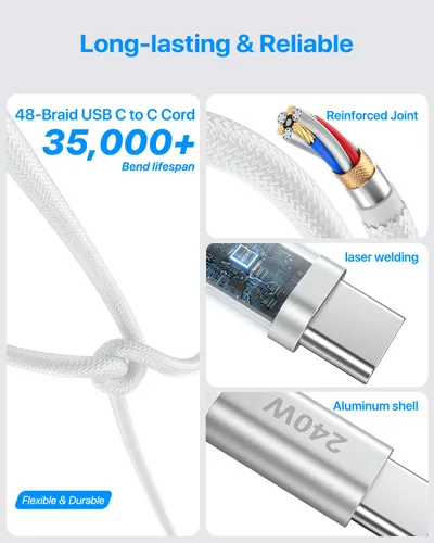 Vista 9 de Cable USB C a USB C de 3 pies, paquete de 2 cables de carga USBC a USBC de 240 W trenzados para iPhone 17 Air 16 15 Pro Max, cable de carga rápida