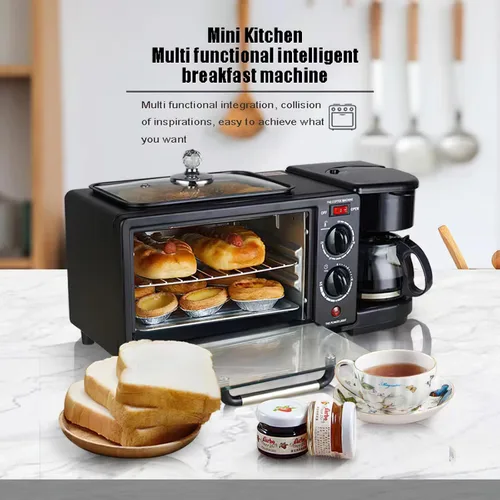 Vista 2 de Máquina de desayuno casera multifuncional 3 en 1, mini horno, cafetera (negro)
