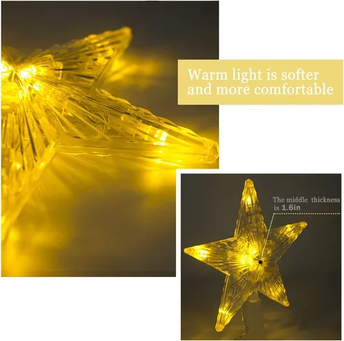 Vista 3 de Pequeño adorno para árbol de Navidad con estrella y luz LED de 15 cm, estrella para árbol de Navidad con diseño rústico, adorno festivo para árbol