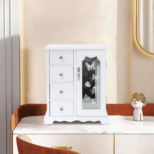 Vista 4 de DNYSYSJ Joyero, organizador de joyas pequeño de madera maciza para mujeres y niñas, con organizador de 4 cajones y carrusel de collar integrado