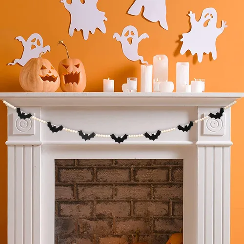 Vista 2 de DAZONGE Decoraciones de Halloween para interiores y exteriores, guirnalda de cuentas de murciélagos de fieltro de madera para decoración