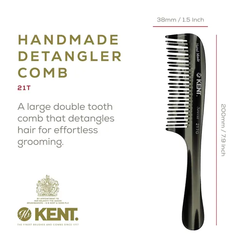 Vista 2 de Kent Peine desenredante grande de grafito negro 21T, dientes anchos para cabello grueso y rizado ondulado. Peine desenredante de cabello largo