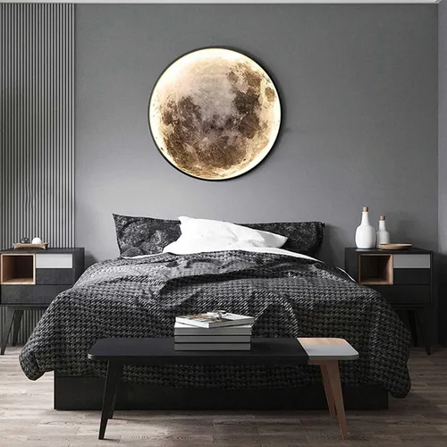 Vista 2 de Aplique de pared de luna negro, moderno LED regulable con control remoto, lámpara de pared para interiores, iluminación de techo para sala de estar