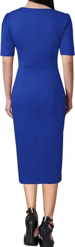 Vista 4 de VFSHOW Vestido midi plisado con cuello en V y muesca para mujer, con botones divididos, para el trabajo, oficina, negocios, ajustado, tubo