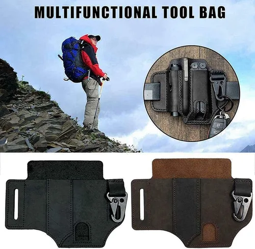 Vista 6 de Funda multiherramienta de cuero auténtico EDC para cinturón, bolsa organizadora de bolsillo EDC, hecha a mano con 3 bolsillos para linternas