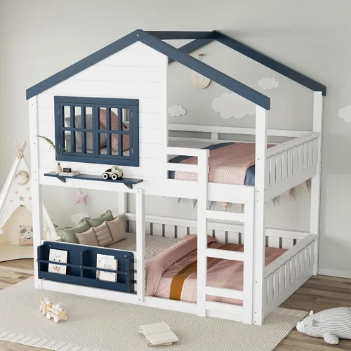 Vista 32 de Cama de Casa Tamaño Twin con Elegantes Ventanas y Estantería, Marco de Litera con Diseño de Castillo de Madera con Barandillas de Seguridad