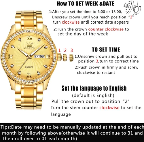 Vista 6 de OLEVS Men's Luxury Stainless Steel Watches, Big Face Gold Men Quartz Analog Watches Fashion 30M Waterproof Casual Wrist Watch with Day Date Diamond