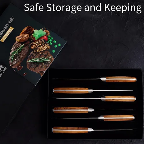 Vista 5 de Juego de 6 cuchillos para carne Damasco Premium no dentados con mango de madera de olivo natural, cuchillas de acero japonés de borde recto de 67