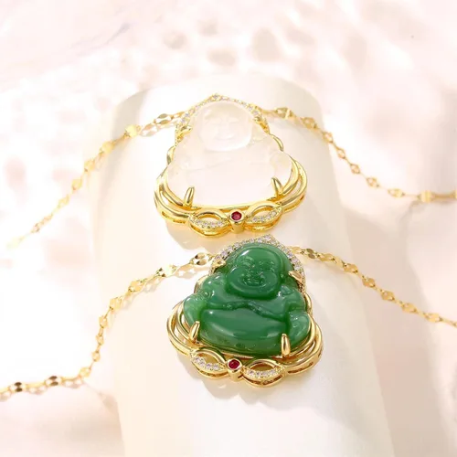 Vista 4 de Colgante de Buda sonriente de jade verde, collar de Buda de color dorado, cadena de eslabones de color dorado, collar de amuleto de guanyin