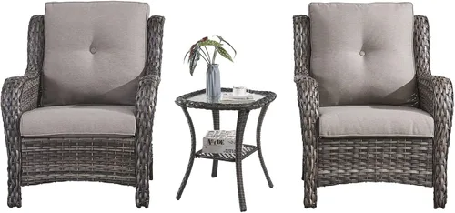Vista 43 de HUMMUH Juego de 2 sillas de mimbre para patio, sillas de comedor de ratán de polietileno para exteriores, con cojines de asiento de 4 pulgadas