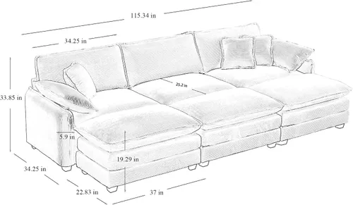 Vista 2 de Sofá de nube de gran tamaño con 3 otomanas, asiento profundo de 25.52 pulgadas de pana cómodo sofá cama de 3 plazas, moderno sofá modular modular