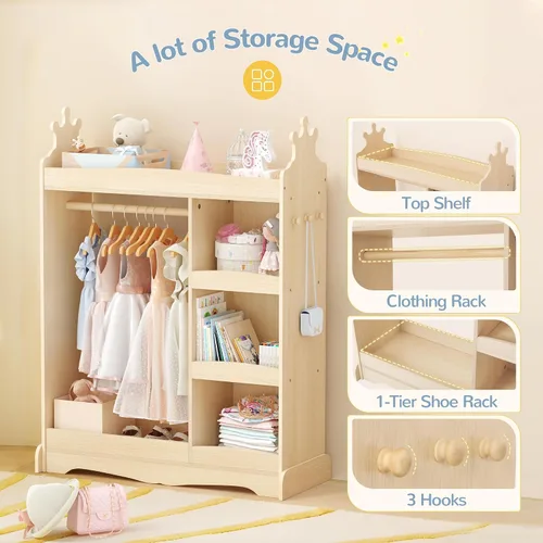 Vista 5 de Curipeer Almacenamiento de disfraces para niños con espejo, armario para niños con almacenamiento y 3 ganchos, armario para niños y niñas