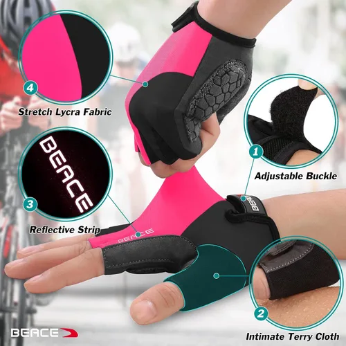 Vista 4 de BEACE Guantes para ciclismo, ciclismo, bicicleta de carretera de medio dedo para hombres y mujeres, 0.197 in, transpirable, antideslizante