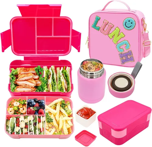 Vista 9 de Bolsa de almuerzo aislada para niños y niñas con termo de 10 onzas, con caja Bento de 6 compartimentos, lonchera de nailon negro preppy con correa