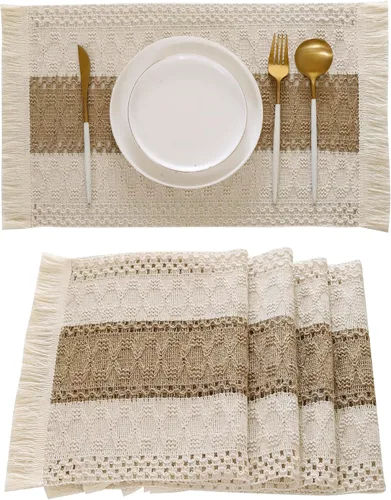 Vista 13 de Juego de 4 manteles individuales verdes de macramé para decoración de mesa con flecos, manteles individuales tejidos de arpillera natural para mesa