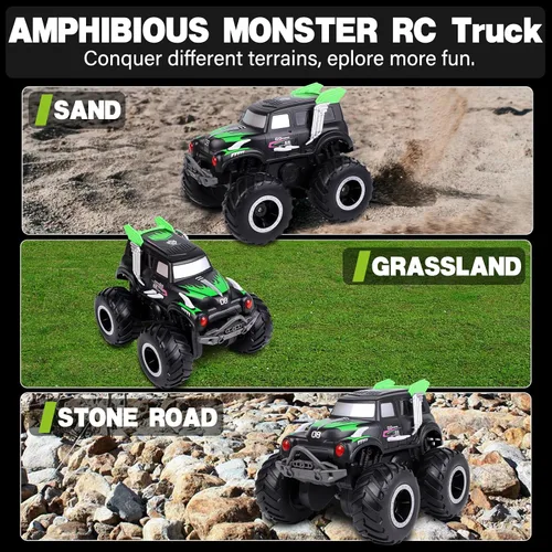 Vista 5 de Coches de control remoto anfibios, 1/20 Stunt RC Rock Crawler Monster Truck Toy con dos baterías recargables alternativas, vehículos todoterreno 4WD