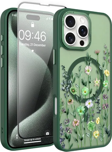 Vista 117 de Magnético para iPhone 13 con protector de pantalla [Compatible con MagSafe] Diseño de patrón floral de flores bonitas, funda delgada a prueba