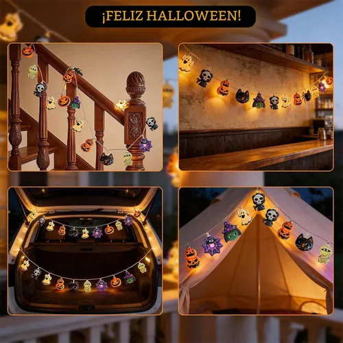 Vista 9 de Guirnalda de luces de Halloween, 10 pies, 20 luces LED de otoño, USB y batería, decoración de Halloween, luz de otoño, 8 modos intermitentes, bonita