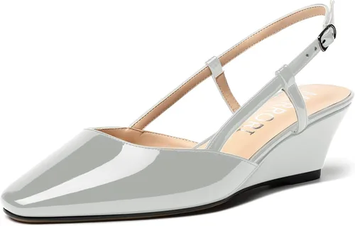 Vista 18 de MERRORI Zapatos de tacón bajo de cuña con hebilla y punta cuadrada para mujer, de patente sólida, de 2 pulgadas Beige