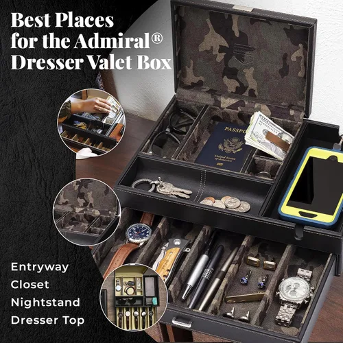 Vista 5 de HOUNDSBAY Admiral Dresser Valet Box y organizador de joyero para hombre, organizador de caja de reloj para hombres con estación de carga grande