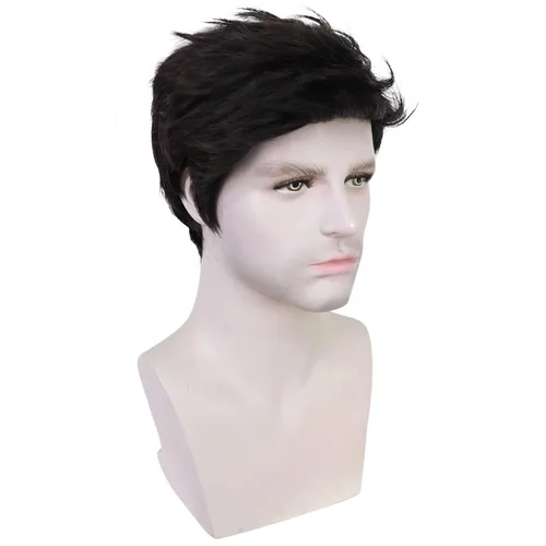 Vista 6 de Peluca negra para hombre, corta, recta, negra, en capas, resistente al calor, reemplazo de pelo sintético Negro