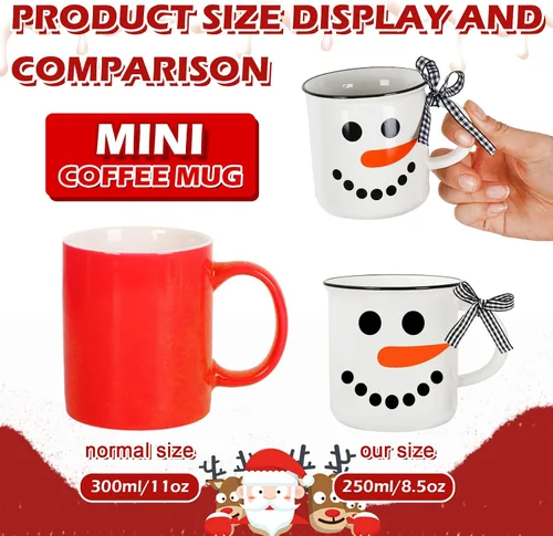 Vista 2 de Whaline 6 mini tazas de café de invierno con cinta para decoración de bandeja escalonada, muñeco de nieve blanco para invierno, Navidad, centros