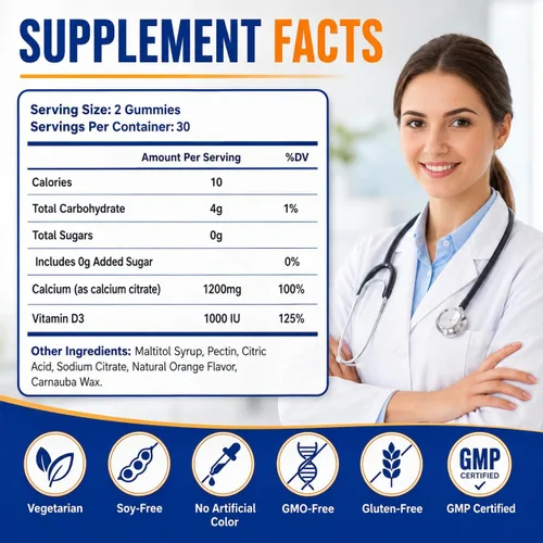 Vista 8 de (2 unidades) Citrato de calcio con gomitas de vitamina D3, suplemento de calcio de 1200 mg para mujeres y hombres, apoya la salud de los huesos