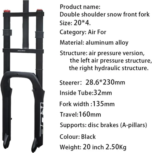Vista 3 de Snow Beach Bike Suspension Tenedor de 20 pulgadas 4.0 Neumáticos Fat Air Forks Travel 5.512 in, 1-1/8inch Steerer Bike Horquillas Spread 5.315 in