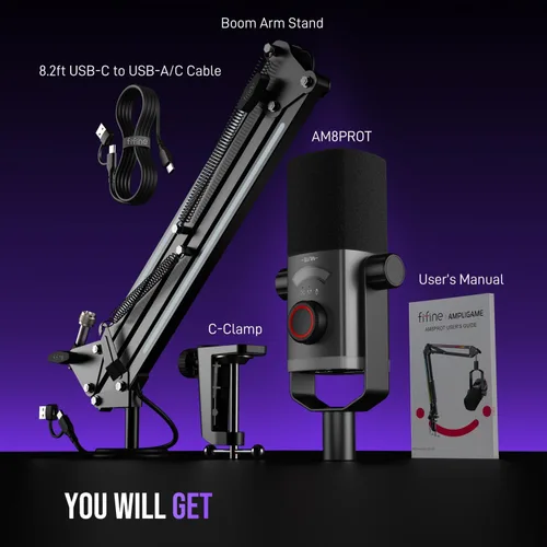 Vista 8 de Kit de micrófono de juego FIFINE, micrófono dinámico XLR/USB para PC con brazo articulado para grabación de podcast, juego de micrófono RGB