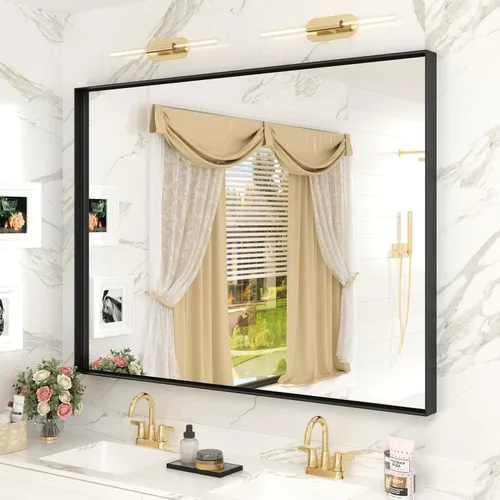 Vista 94 de Paquete de 2 espejos de baño con marco de metal negro de 22 x 30 pulgadas, espejo rectangular redondeado negro mate, antioxidante, se cuelga