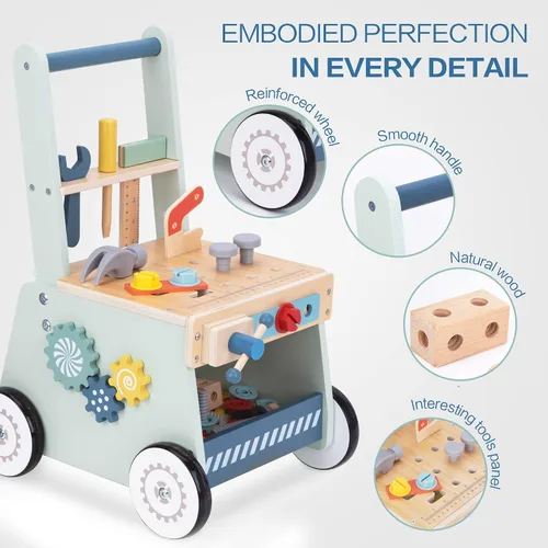 Vista 4 de 2-in-1 Wooden Baby Walker and Tool Bench with Building Play, Blue Azul