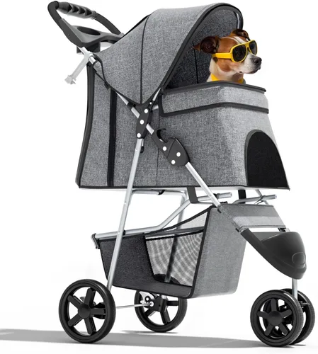 Vista 19 de Magshion Cochecito para mascotas de 3 ruedas, cochecito de viaje plegable para perros y gatos pequeños y medianos (hasta 33 libras), transportador