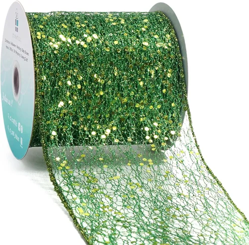 Vista 7 de Cinta con alambre de malla brillante con purpurina de 6 x 10 yardas, color negro para decoración del hogar, lazo para envolver regalos