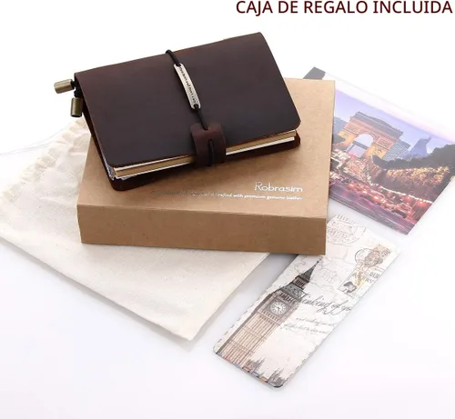 Vista 3 de Diario de piel hecho a mano vintage, cuaderno de viajero, portátil, pluma estilográfica recargable, tamaño de bolsillo, 5.2 x 4 pulgadas, Coffee